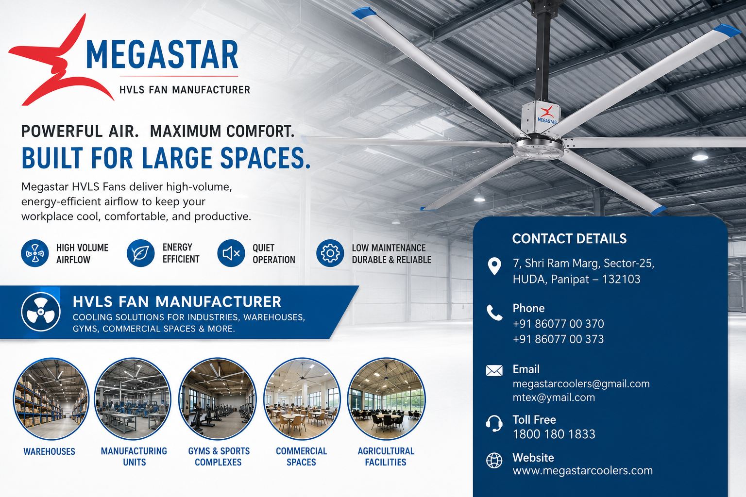 Top HVLS Fan Manufacturer in India  - Megastar Coolers